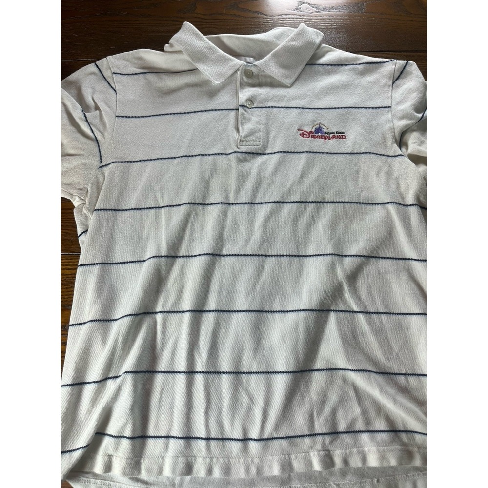 Disney Hong Kong Disneyland Polo Shirt Kids Size XL White Blue Stripped Mickey
